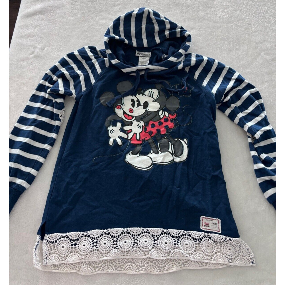 Disney Parks Sweatshirt Mickey & Minnie Mouse Lovecard Hoodie Blue - Women's M!